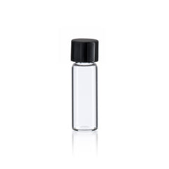 half dram clear glass vial with black cap
